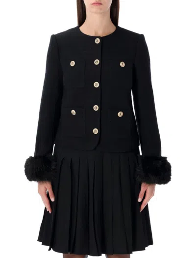 SELF-PORTRAIT BOUCLE CROPPED JACKET ECO FUR SLEEVE