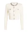 Self-portrait White Crewneck Cropped Cardigan With Crystal Embellishments On The Collar In Cotton Blend Woman In Animal Print