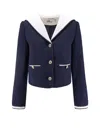 Self-portrait Contrasting Collar Wool Blend Bouclé Jacket In Blue