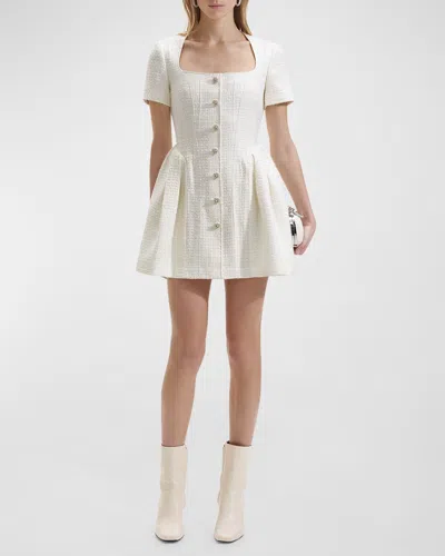 Self-portrait Boucle Fit & Flare Square-neck Short-sleeve Mini Dress In Beige