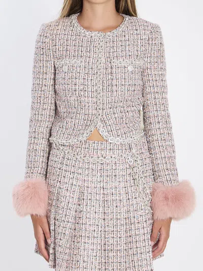 Self-portrait Boucle Fur Cuff Jacket In Pink