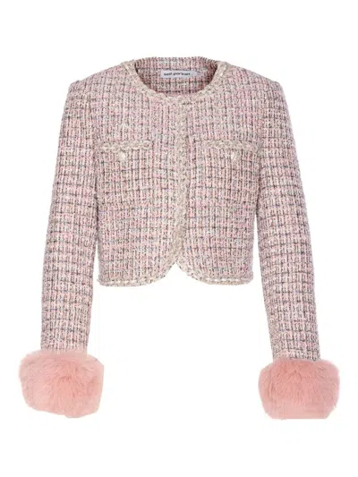 SELF-PORTRAIT BOUCLE FUR CUFF JACKET,AW25.098J PINK