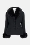 Self-portrait Fur-trimmed Tweed Jacket In Black