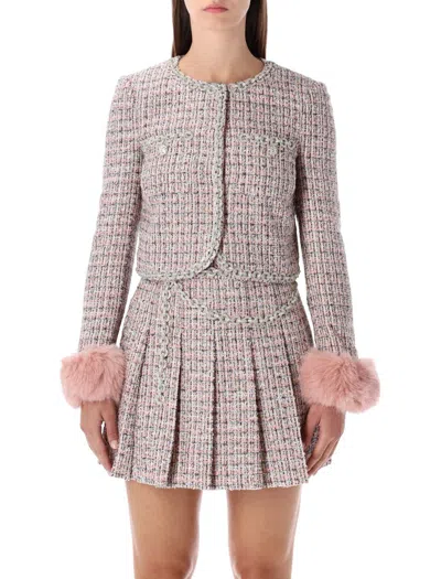 Self-portrait Boucle Jacket Eco Fur Cuff In Pink