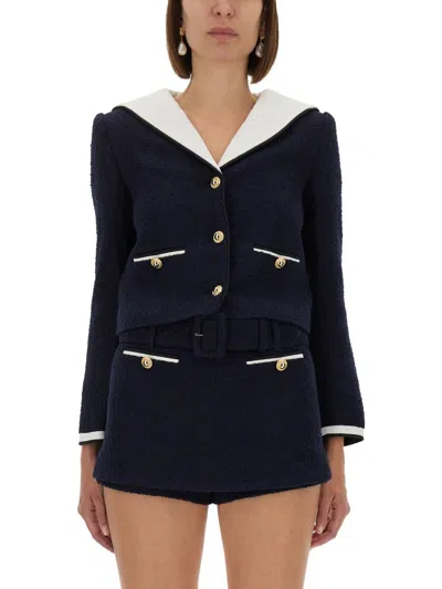 Self-portrait Boucle Jacket With Contrasting Neckline In Blue