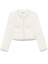 Self-portrait White Crewneck Jacket With Sequin And Faux-pearls Embellishments In Tech Fabric Woman