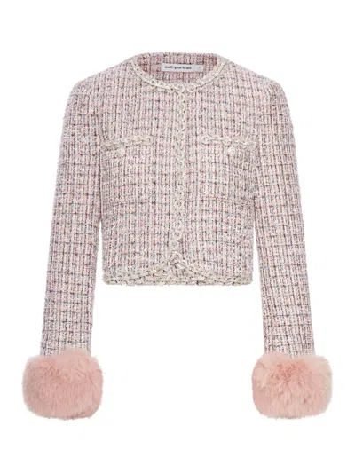SELF-PORTRAIT BOUCLE JACKET WITH FUR CUFFS
