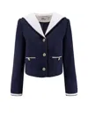 Self-portrait Belted Waist Short Jacket With Stripe Trim In Blue