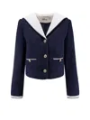 Self-portrait Belted Waist Short Jacket With Stripe Trim In Blue