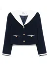 Self-portrait Belted Waist Short Jacket With Stripe Trim In Blue