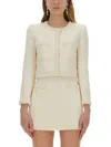 Self-portrait White Crewneck Jacket With Sequin And Faux-pearls Embellishments In Tech Fabric Woman
