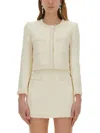 Self-portrait White Crewneck Jacket With Sequin And Faux-pearls Embellishments In Tech Fabric Woman In Neutrals