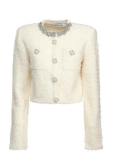 Self-portrait Bouclé Knit Cardigan In White