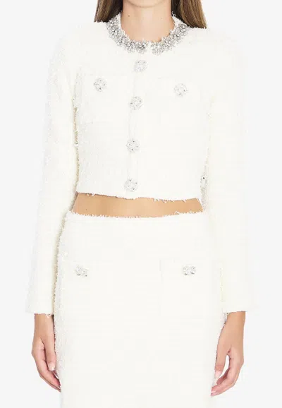 Self-portrait Bouclé Knitted Cropped Cardigan In White
