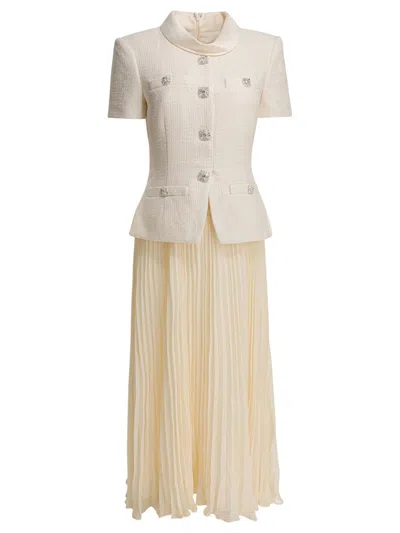 Self-portrait Boucle Midi Dress With Pleated Skirt In White