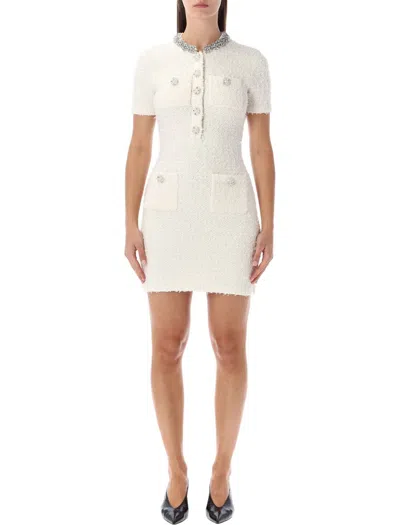 SELF-PORTRAIT SELF-PORTRAIT CREAM BOUCLÉ KNIT MINI DRESS WITH CRYSTAL BUTTONS