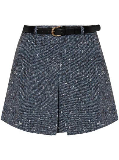 Self-portrait Bouclé High-waisted Mini Skirt With Front Pleat In Blu
