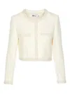 Self-portrait White Crewneck Jacket With Sequin And Faux-pearls Embellishments In Tech Fabric Woman In White