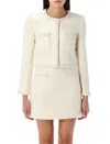 Self-portrait White Crewneck Jacket With Sequin And Faux-pearls Embellishments In Tech Fabric Woman