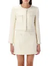 Self-portrait White Crewneck Jacket With Sequin And Faux-pearls Embellishments In Tech Fabric Woman