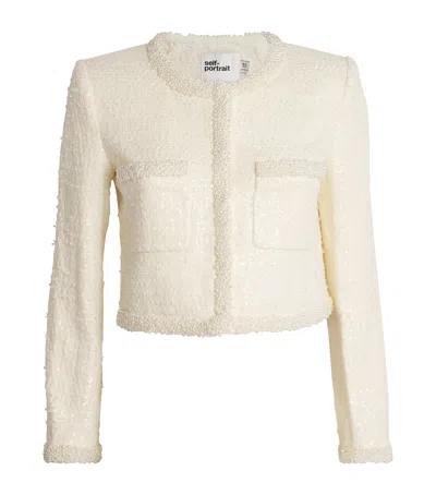Self-portrait Boucle Jacket With Pearls In Neutrals