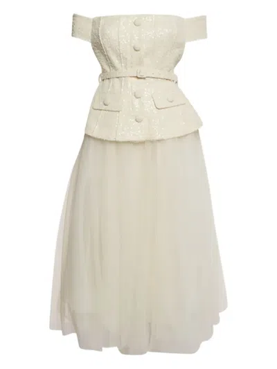 Pre-owned Self-portrait Boucle Sequin Midi Dress In Neutral