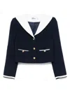 Self-portrait Belted Waist Short Jacket With Stripe Trim In Blue