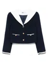 Self-portrait Belted Waist Short Jacket With Stripe Trim In Blue
