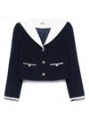 Self-portrait Belted Waist Short Jacket With Stripe Trim In Blue