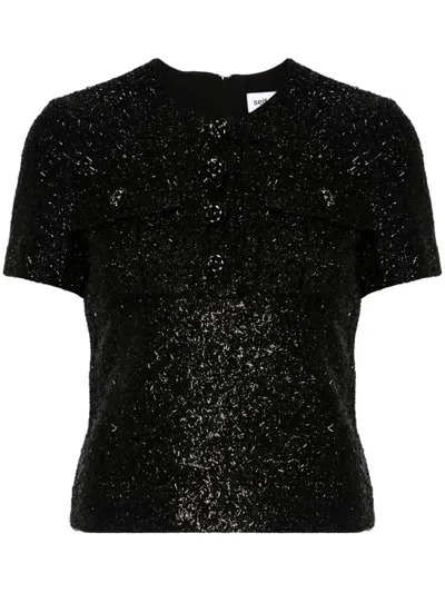 Self-portrait Glitter Buttoned Top With Front Pockets In Black