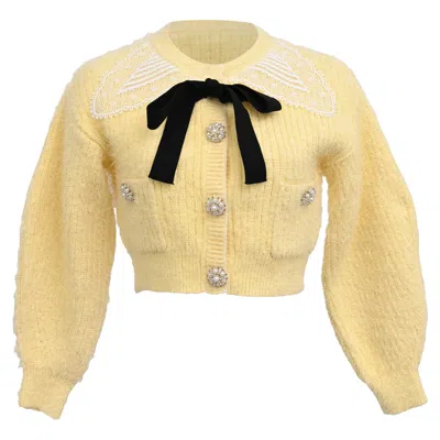 Self-portrait Bow And Faux-pearl Embellished Cardigan In Yellow Polyamide