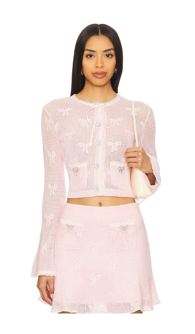 Self-portrait Bow Crochet Cardigan In Pink