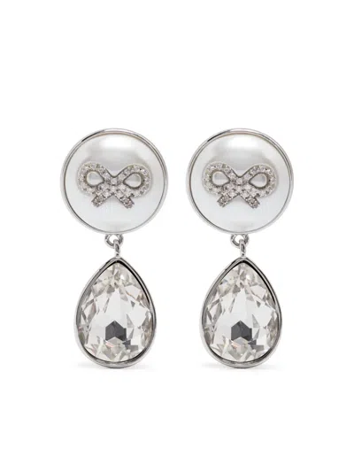 Self-portrait Bow Crystal-droplet Earrings In Silver