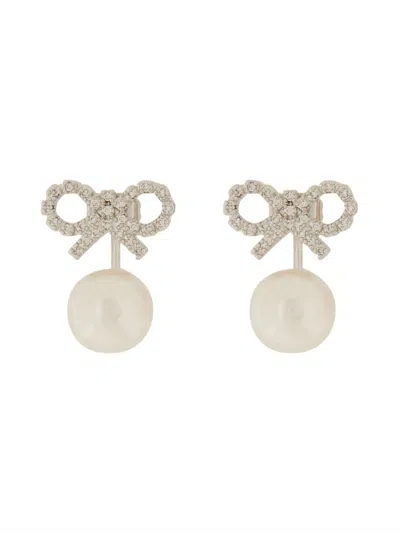 Self-portrait Bow-design Earrings With Lustrous Pearl Drop In Silver