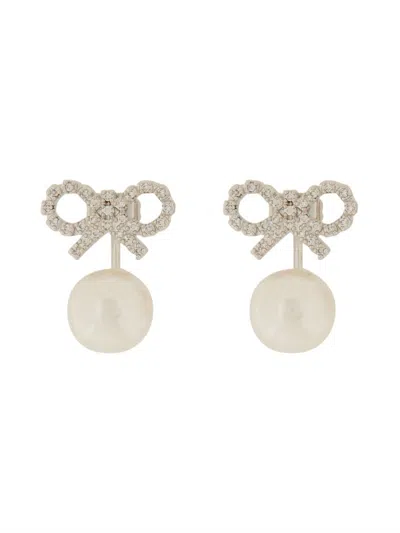 Self-portrait Bow-design Earrings With Lustrous Pearl Drop In Silver
