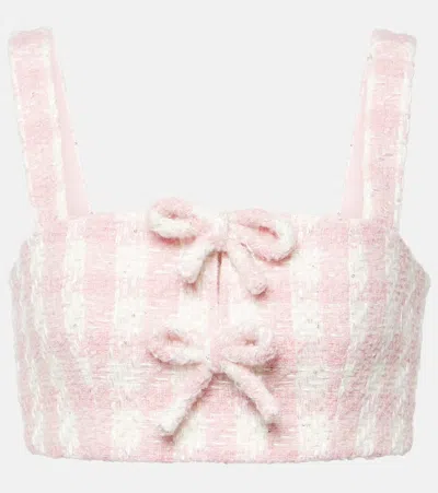 Self-portrait Bow-detail Checked Bouclé Crop Top In Pink
