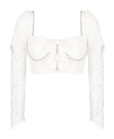 Self-portrait Bow-detail Corded Lace Cropped Blouse In White