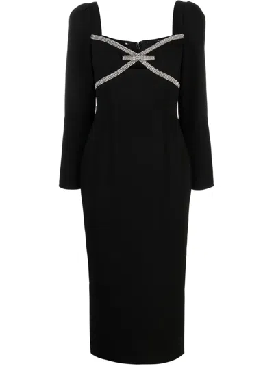 Self-portrait Diamante Bow Midi Dress In Black Crepe
