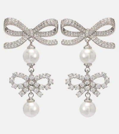 Self-portrait Bow-detail Embellished Faux Pearl Earrings In Metallic