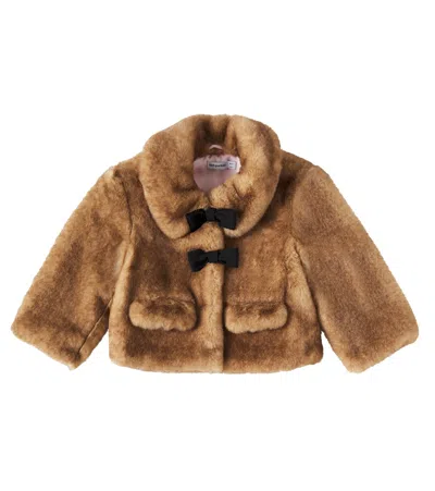 Self-portrait Kids' Bow-detail Faux Fur Jacket In Brown