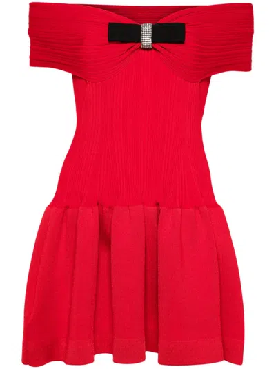 Self-portrait Bow-detail Knitted Mini Dress In Red