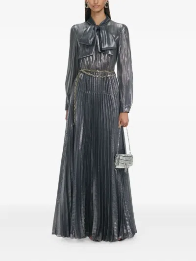 Self-portrait Bow-detail Pleated Dress In Gray