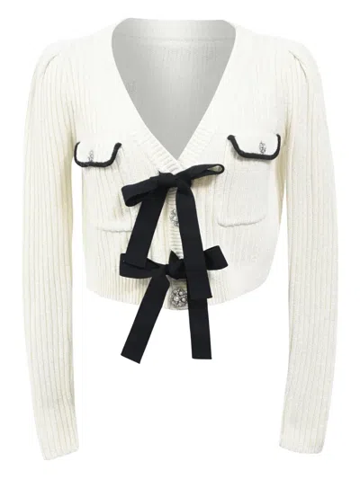 Pre-owned Self-portrait Bow-detail Pocket Cardigan In White