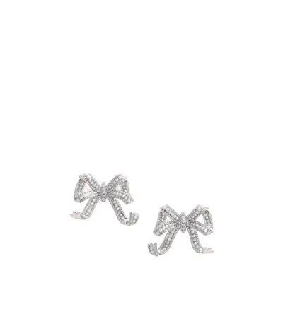 Self-portrait Pearl Crystal Bow Earrings In Silver