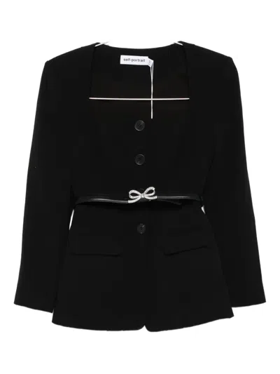 Self-portrait Bow-embellished Belted Jacket In Black