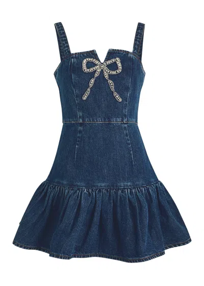 Self-portrait Bow-embellished Denim Mini Dress In Blue