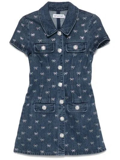 Self-portrait Bow-embellished Denim Mini Dress In Multicolor
