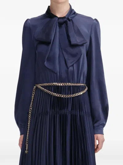 Self-portrait Bow-embellishment Pleated Maxi Dress In Blue