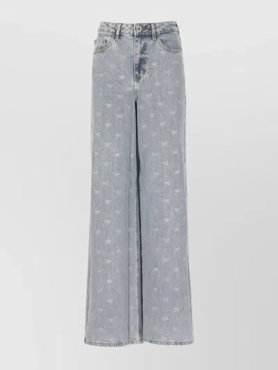 Self-portrait Bow Embroidery Wide-leg Cotton Jeans In Blue
