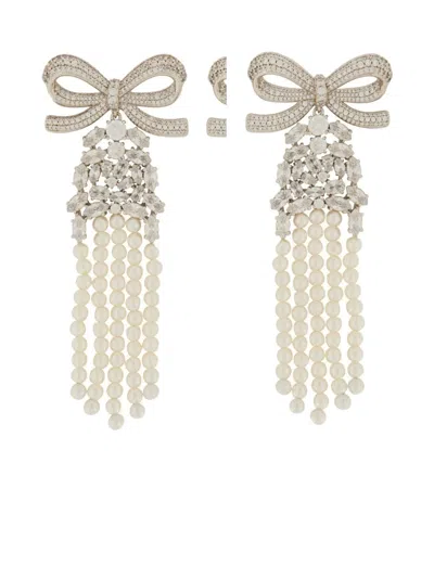 Self-portrait Drop Earrings With Delicate Bow And Pearl Strands In Silver